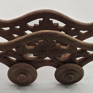Vintage Wood Carved Cart, Set of Five Wooden Floral Coasters