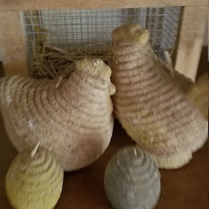 Pode incluir: Dois frangos tecidos de palha e uma bola redonda tecida de palha, todos sentados em uma superf&iacute;cie de madeira. Os frangos est&atilde;o em frente a uma gaiola de madeira com uma malha de arame.