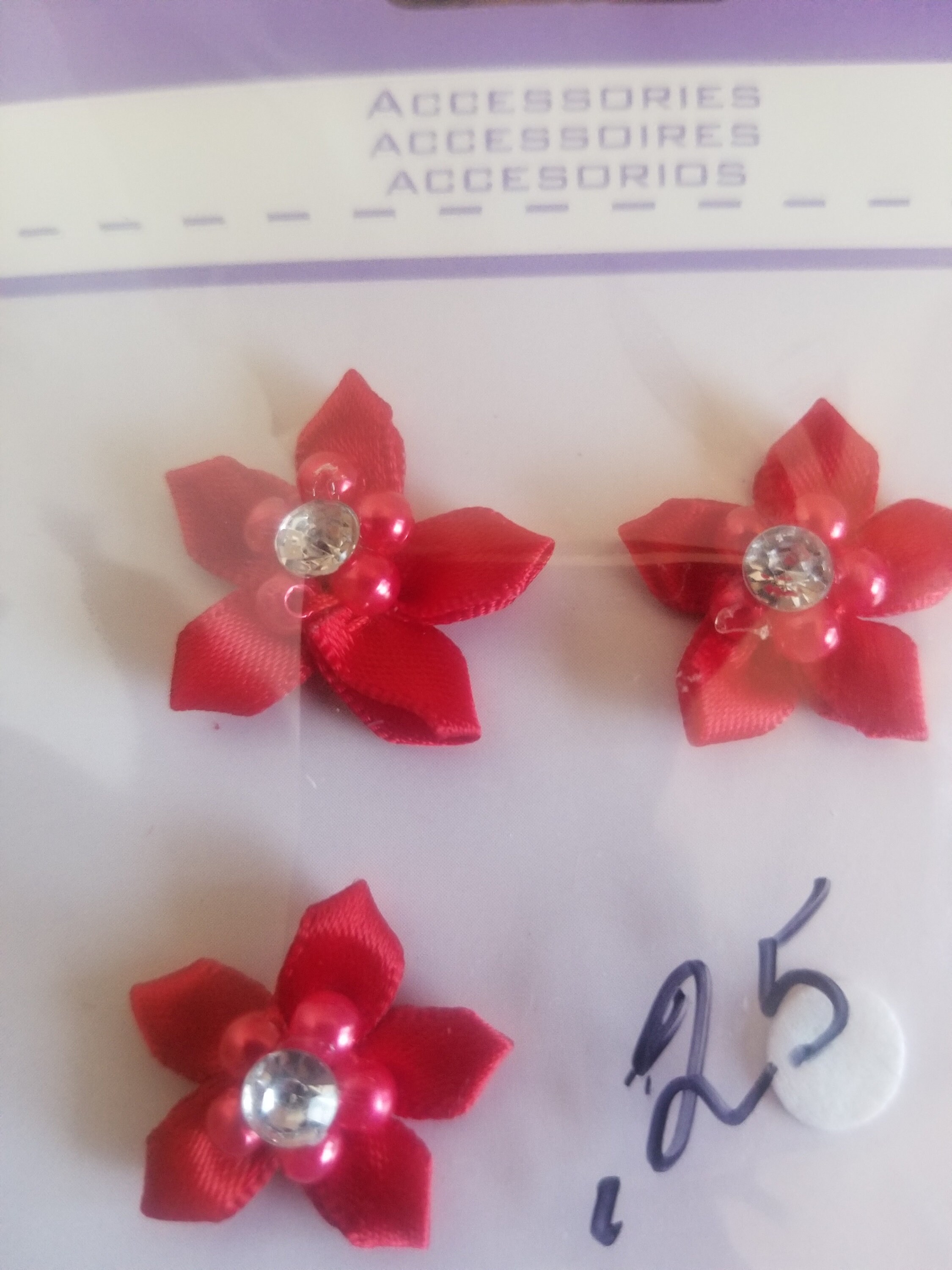 Vintage Red, Mini Fabric Flowers, White Rhinestone, Red  display picture 1