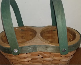 Rustic, Vintage Double Pot Planter, Green Painted Handles, Plastic Liners
