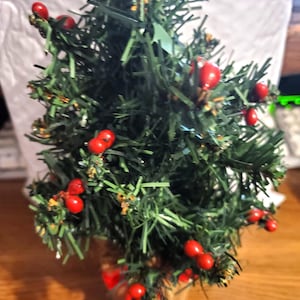 Vintage Weighted, Mini Artificial Pine Tree, Red Holly Berries, Burlap Wrap Bottom