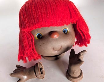 Vintage Africain American Mitzy Doll Head, Hands, Red Yarn Hair