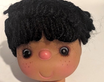 Vintage Boy Doll Head and Hands, Brown Skin Tone, Black Yarn Hair