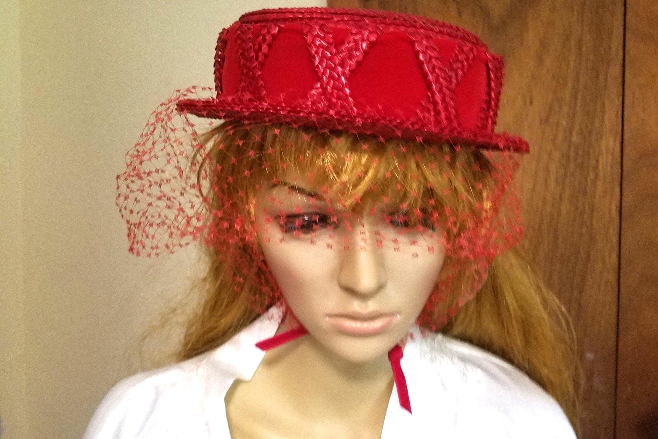 Vintage Red Ladies Straw Hat With Veil, Amy New York, for  display picture 2