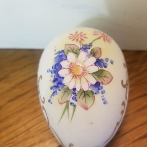 Vintage Bisque Porcelain Egg, Floral Design, Trinket Box