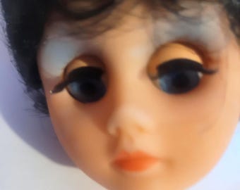 Vintage Three Inch Girl Doll Head, Black Rooted Hair, Open Close Eyes