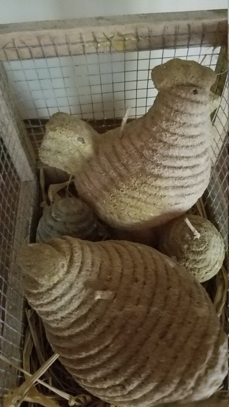 Pode incluir: Tr&ecirc;s figuras de frango de cer&acirc;mica marrom com um padr&atilde;o texturizado e tecido. Os frangos est&atilde;o em uma gaiola de arame com palha no fundo.