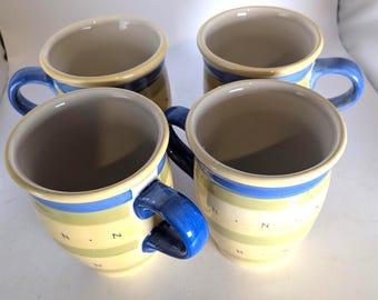 Vintage Pfaltzgraff, Pistoulet Mugs, Yellow, Blue Trim