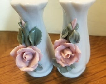 Vintage, Porcelain, Salt and Pepper Shakers Pink Sculpted Rose,