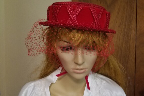 Vintage Straw Bonnet with Red Bow and Veil Women\'s Hat Vintage Red Ladies Straw Hat With Veil, Amy New York, for  main image 2