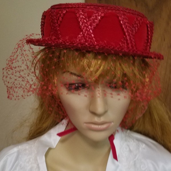 Vintage Red Ladies Straw Hat With Veil, Amy New York, for Famous Barr