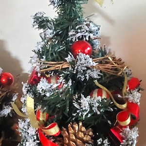 Vintage Table Top, Decorated Christmas Trees, Frosted Artificial Pine Trees