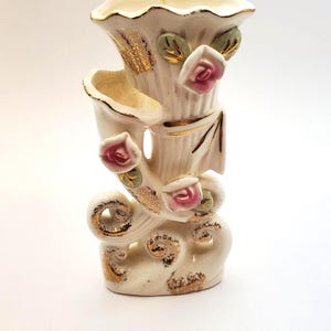 Vintage Small White, Porcelain Vase, Pink Sculpted Roses, Gilded Gold Trim