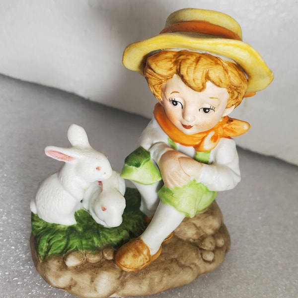 Vintage Small Boy Figurine, With White Rabbits, Lefton China
