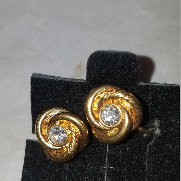 Vintage Avon Knot ,Clip Earring, Gold Tone Metal, White Central Rhine Stone