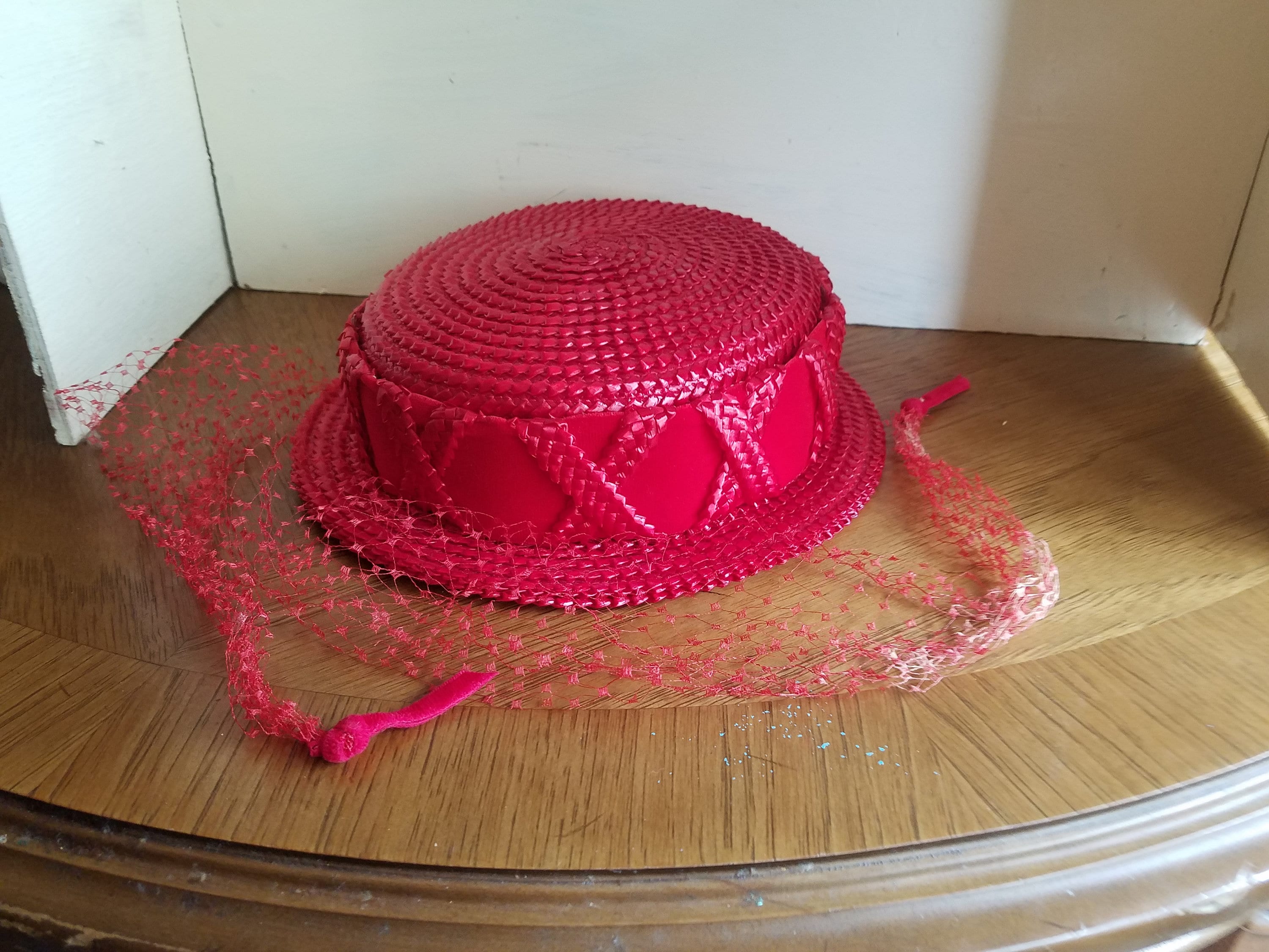 Vintage Red Ladies Straw Hat With Veil, Amy New York, for 