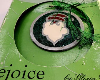 Vintage Christmas Ornament, Santa Face in Metal Plaque