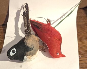 Vintage Mushroom Birds, Flocked Feathers, Wire Picks, Red or Gray Decoration