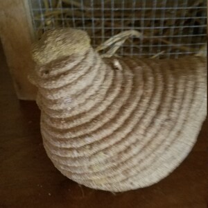 Pode incluir: Um ninho de p&aacute;ssaro tecido castanho, feito de materiais naturais, encontra-se dentro de uma gaiola de madeira com uma malha de arame.