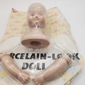 Vintage Plastic Doll Head and Hands Set, Porcelain Look