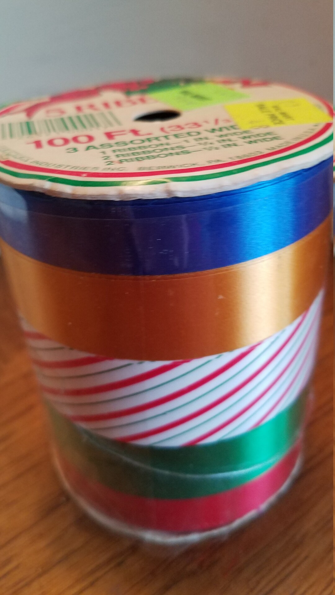 Five Ribbons Vintage, Five Ribbons Spool, Holiday Ribbons, Red, Green Striped, Gold ...