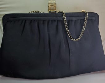 Vintage Ladies Black Evening Bag, Gold Color Metal, Chain Strap and Closure