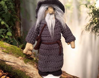 Crocheted Wizard Doll, 16 Inch Handcrafted Figure with Display Stand