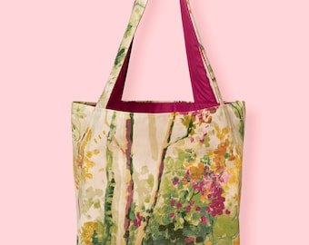 Floral Tote Bag, Matt Oilcloth Shoulder Bag, Prestigious Silver Birch, Womans Bag, Diaper Bag, Lined Womens bag