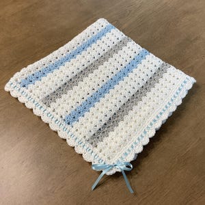Handmade Crochet Baby Blanket, Blue Gray White Acrylic Afghan
