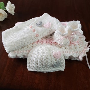 Crochet Baby Blanket Set, Pink, Gray and Cream Baby Cardigan, Pink Beanie, White Baby Booties, Pink Beanie Set, Baby Sweater, Newborn