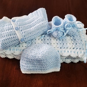 Baby blanket set Light blue Baby Afghan, Light blue Baby Blanket, Newborn Blanket, Baby Hospital Blanket, Light blue Baby Beanie and Booties