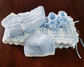 Crochet Baby Blanket Set: Light Blue Acrylic, Newborn Gift (0-3 Months)