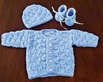 Baby Sweater Set, Infant Coming Home Outfit, Crocheted Baby Set, Newborn Set, Baby Shower Gift, Sweater and Bonnet and Booties, Knitted Set