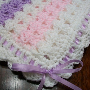 White Crochet Baby Blanket, White Crochet Baby Afghan, Pink Handmade Baby Blanket, Pink Baby Blanket, Purple and White Newborn Blanket