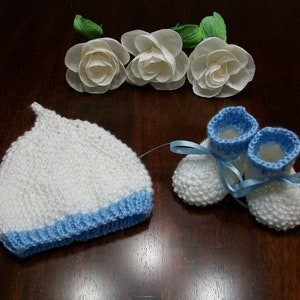 Crochet Baby Booties and Hat Set: White & Blue, 0-3 Months