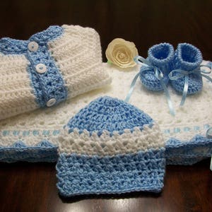 Blue Crochet Baby Blanket Set: Newborn Afghan, Beanie, Booties (0-3 Months)