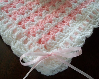 White Crochet Baby Blanket, White Crochet Baby Afghan, Pink Handmade Baby Blanket, Pink Baby Blanket, Pink and White Newborn Blanket