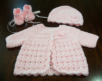 Baby Sweater Set, Infant Coming Home Outfit, Crocheted Baby Set, Newborn Set, Baby Shower Gift, Sweater and Bonnet and Booties, Knitted Set