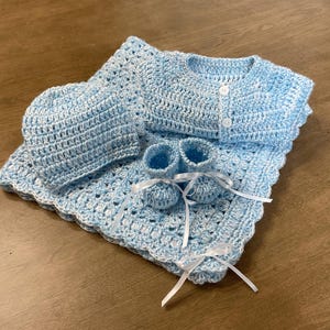 Crochet Baby Blanket Set: Blue Acrylic Afghan, Sweater, Beanie & Booties (0-3 Months)