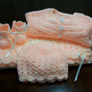 Crochet Baby Blanket Set, Peach and Cream Baby Cardigan, Peach Beanie, Peach Baby Booties, Peach Beanie Set, Baby Sweater, Newborn