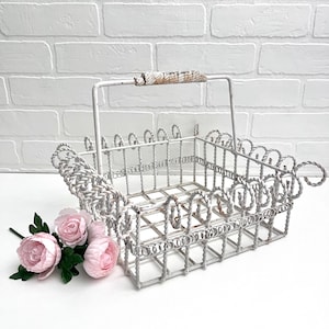 Vintage Metal Basket, Wrought Iron Basket with Handle, Gathering Basket, White Metal Basket, Fall Centerpiece, Cottage Garden Basket, Rusty