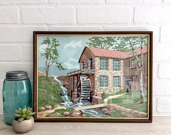 Vintage Paint By Number Painting, Framed Cottage Scene, Grain Mill with Water Wheel Painting, Hand Painted, Country Scene, English Cottage