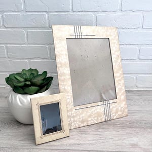 May include: Two vintage picture frames. The larger frame has a light beige speckled pattern with black vertical lines. The smaller frame is rectangular with a similar design. A green succulent plant in a white pot is also in the image.