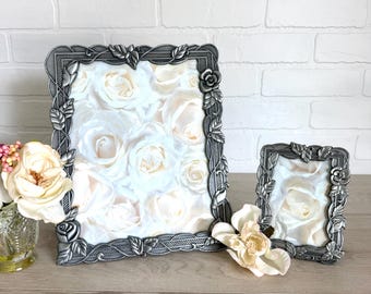 Set of 2 Vintage Tabletop Picture Frames, Silver Pewter Look Frames, 8 x 10 Cast Metal Frame, 3.5 x 5 Floral Frame, Roses Frame