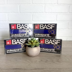 May include: Four BASF Professional III 90 ferrichrome audio cassette tapes in clear plastic cases with black and blue labels, featuring the BASF logo and text. A small green succulent plant in a round, light-colored pot sits in the center.
