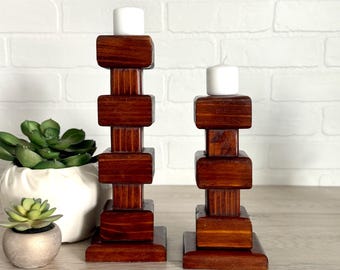 Pair of Wood Candleholders, Tall Wood Candle Sticks, Funky Vintage Candlesticks, Handmade Wood Candleholder Set, Square Candle Holders, Boho