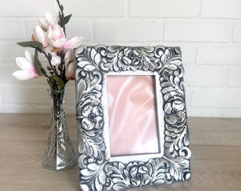 Vintage 4 x 6 Silver Toned Ornate Floral Picture Frame, Heavy Flower Frame, Aged Look Frame, Ceramic Frame