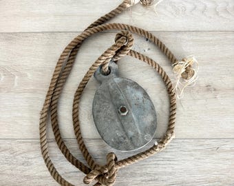 Vintage Iron Pulley, Weathered Pulley with Rope, Salvage Hardware, Industrial Decor, Hardware Destash, Steampunk Remnants