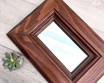 Vintage Rustic Wood Wall Mirror, Rectangular Wall Mirror, Accent Mirror, Oak Framed Mirror, Brown Frame, Small Mirror
