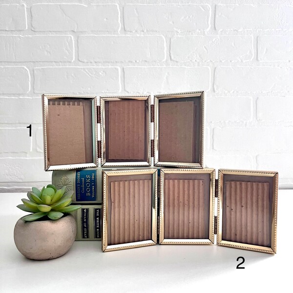 Vintage Mid Century Gold Hinged Tri-Fold 2.5 x 3.5" Metal Picture Frames, Retro Gold Metal Frames, Mid Century Frame, Tiny Shiny Gold Frames